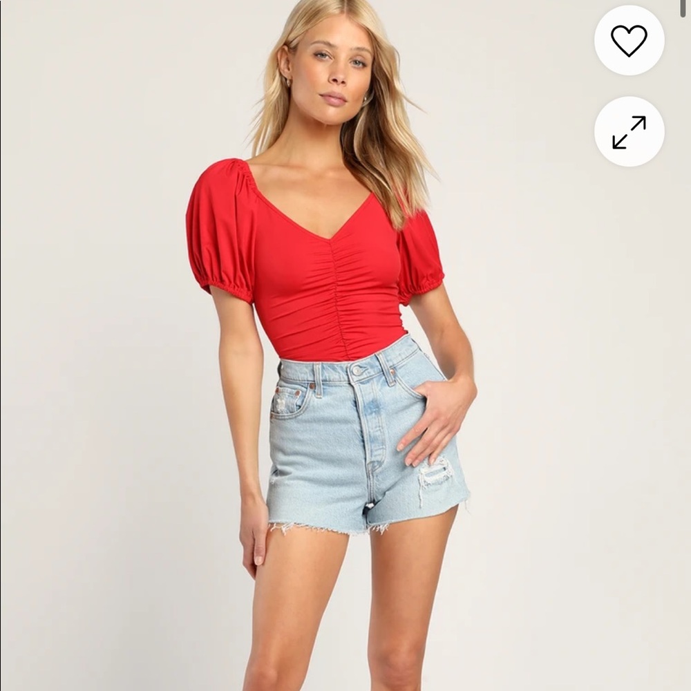 Lulus Ruche to You Red Ruched Puff Sleeve Bodysuit